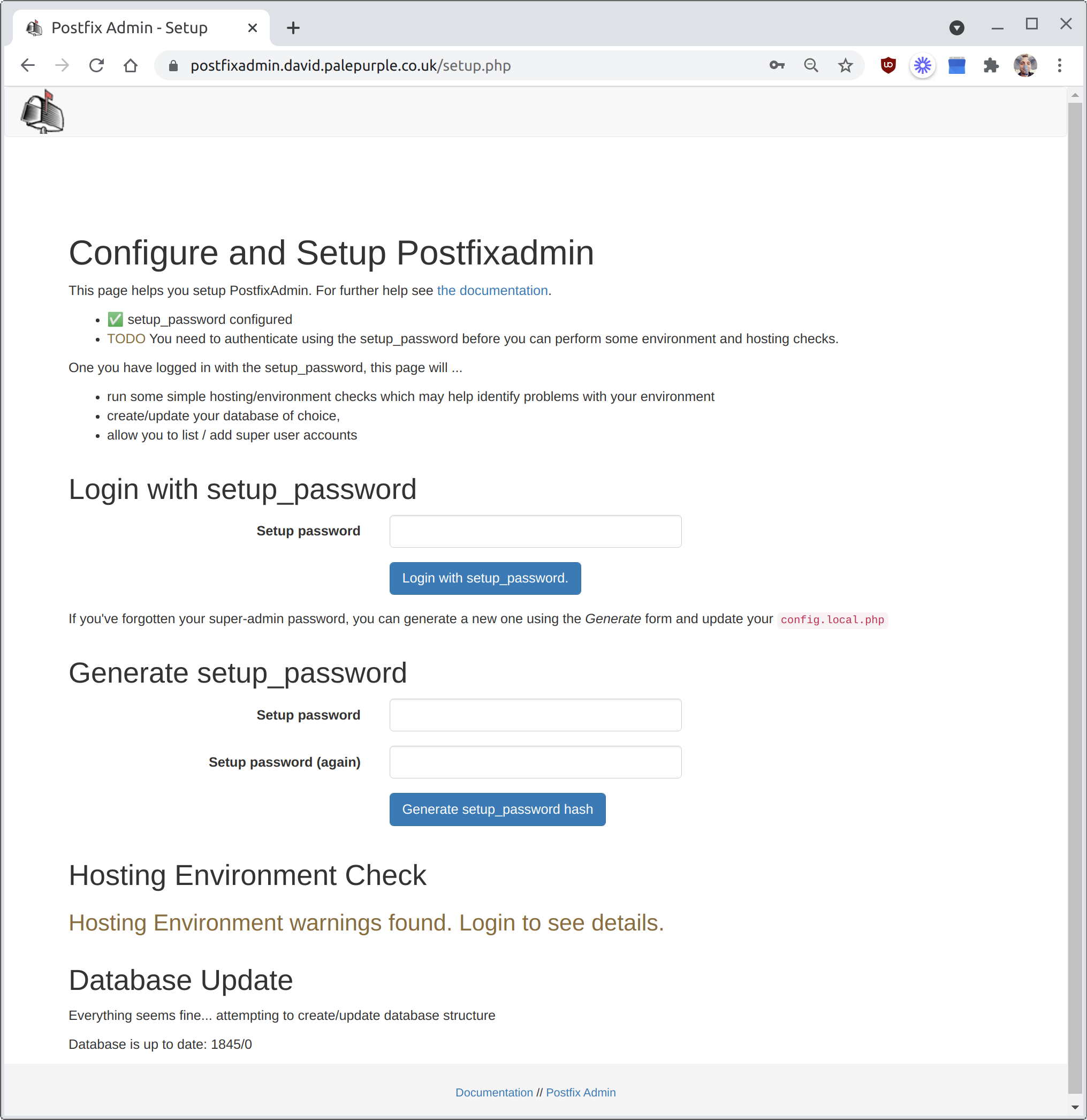 Initial setup greeting page